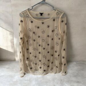 Ann Taylor Sheer Mesh Embellished Blouse - Floral Sequin & Bead Work | Size S